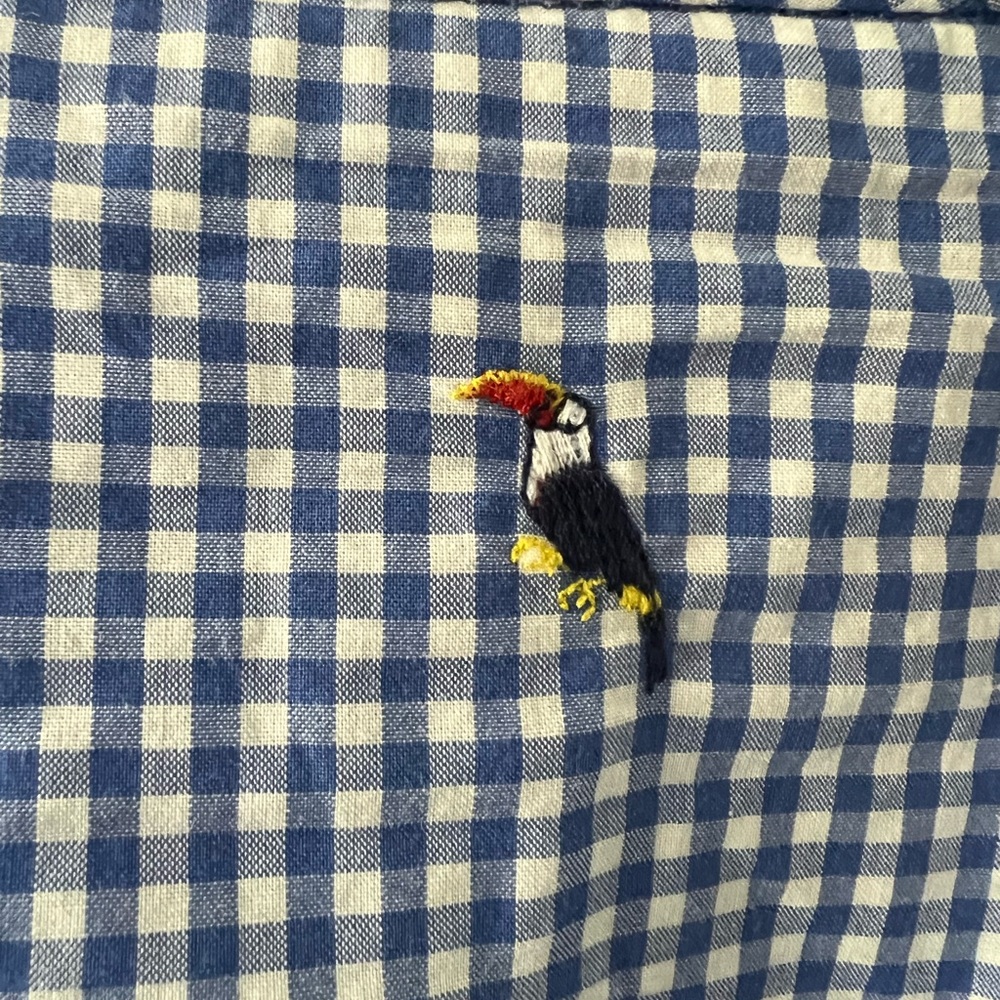 Talbots Woman Embroidered Skirt Sz 16 Blue And White Gingham Toucan Birds EUC